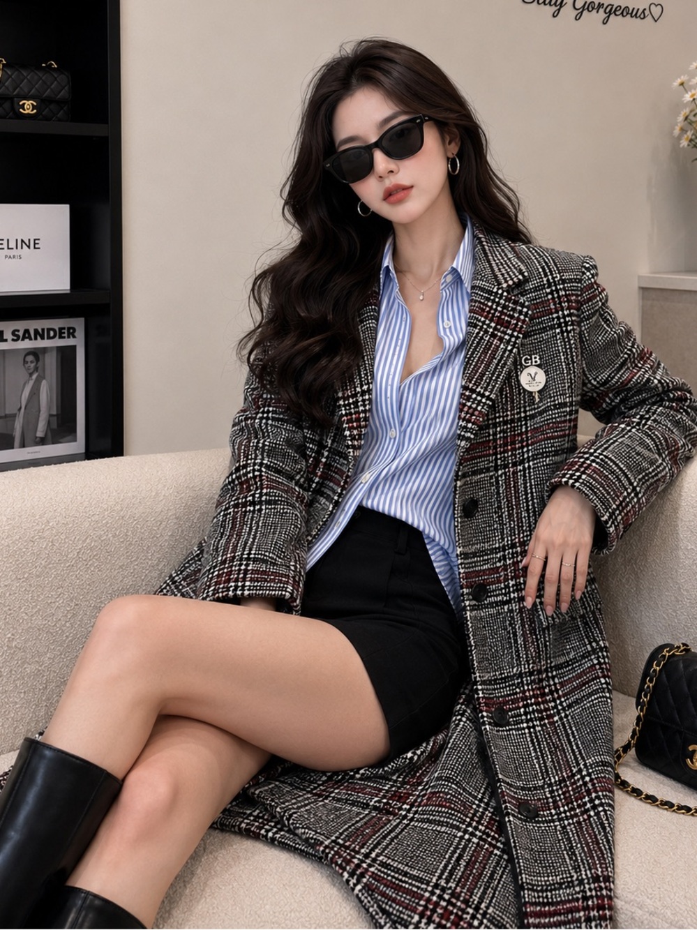 Bershka 100 CM Gray & Burgundy Glen Plaid Longline Oversize Blazer Coat